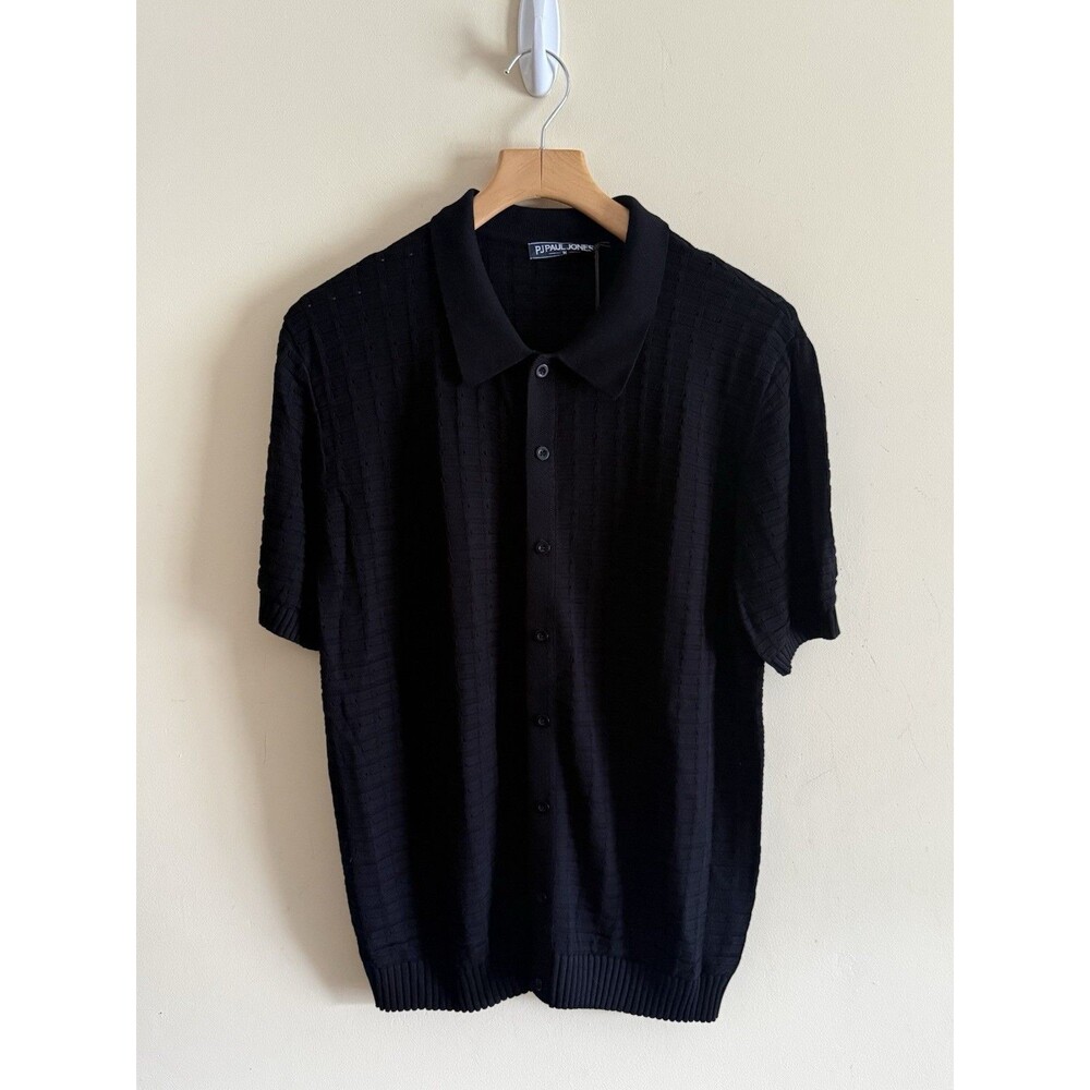 PJ PAUL JONES Mens Knit Polo Shirt Short Sleeve Hollow Out Knit Textured Black M
